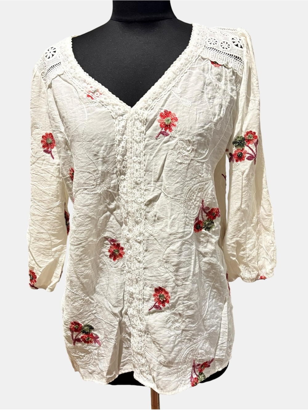 Sapphire Women's White V-Neck Embroidered Tunic with Red Floral Accents size L